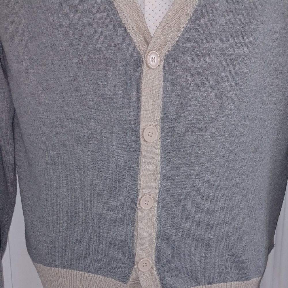 BLACK Gray & Cream Cardigan Sweater with Patch Sleeves - Picture 4 of 7